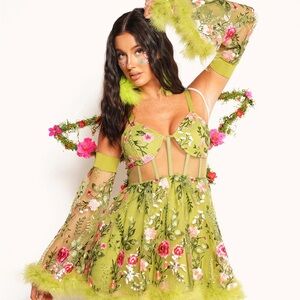 Floral Mesh Dress with Green and Pink Accents